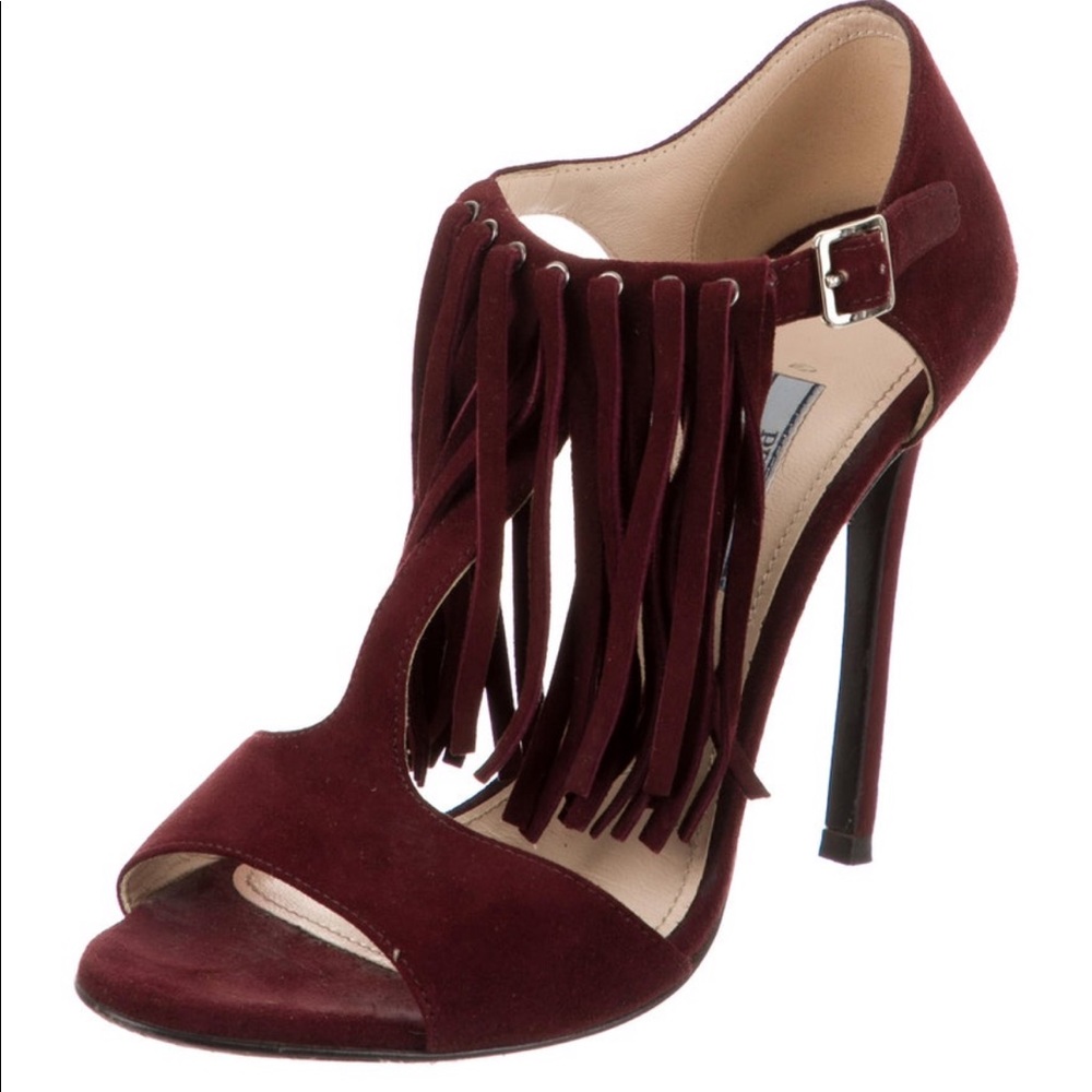 PRADA Burgandy Suede Fringe Stilleto Heels